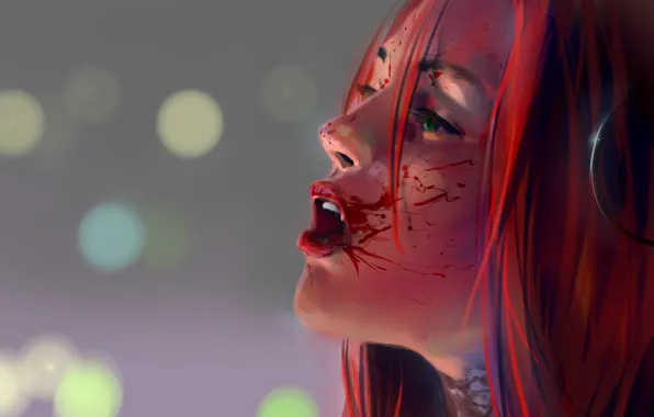 Взгляд, девушка, кровь, BloodRayne, красные волосы. профиль. клыки