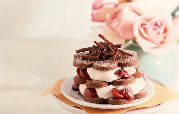 Картинка вишня, сладость, еда, шоколад, розы, пирожное, крем, десерт