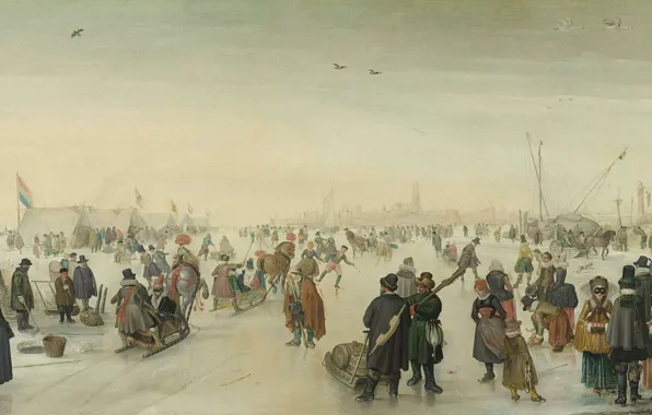 Картинка пейзаж, масло, картина, Хендрик Аверкамп, 1620, Hendrick Avercamp, Развлечения на льду в городе