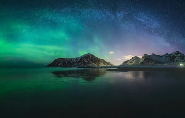 Картинка звезды, горы, ночь, отражение, северное сияние, млечный путь, Исландия, водоем