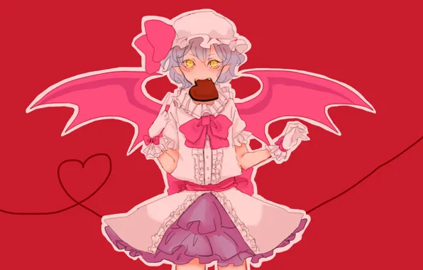 Розовый фон, remilia scarlet, желтые глаза, вампирша, valentine`s day, злобный взгляд, проект Восток, крылья летучей …