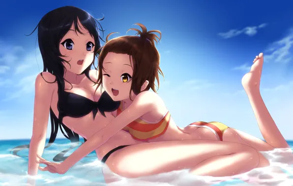 Море, вода, девочки, купальники, akiyama mio, k-on, tainaka ritsu