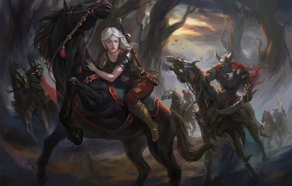 Девушка, кони, погоня, Дикая Охота, Ведьмак, Witcher, The Witcher 3: Wild Hunt, Wild Hunt