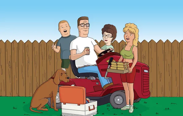 Картинка газон, забор, собака, семья, Bobby, Hank, Luanne, Peggy