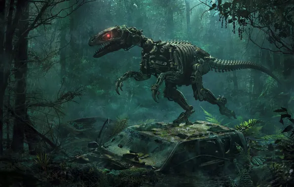 Forest, raptor, science fiction, red eyes, CGI, derelict, dinosaurs, Mech Animals