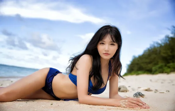 Картинка digital painting, asian, handsome, sea, breasts, long hair, brunette hair, Han Ga Eun