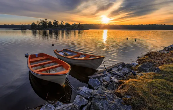 Закат, озеро, лодки, Швеция