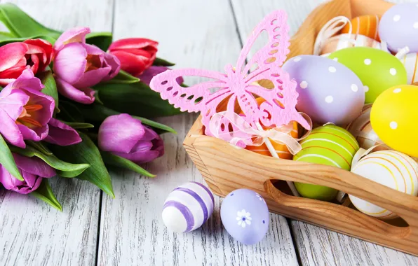 Картинка цветы, яйца, colorful, Пасха, тюльпаны, happy, wood, pink