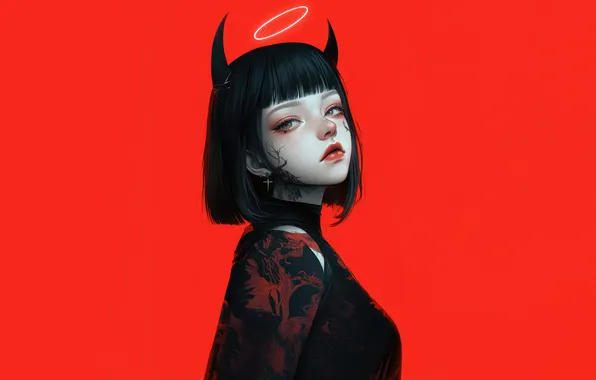 Girl, Anime, Tattoo, Horn, Anime Girl, AI Art, AI Generated