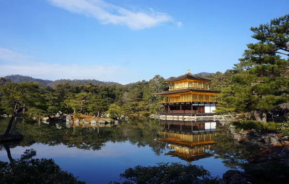 Природа, озеро, здание, Japan, Kyoto, Golden Pavilion