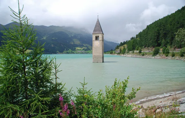 Небо, горы, озеро, Германия, церковь, Reschenstausee