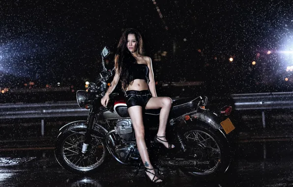 Картинка девушка, дождь, мотоцикл, азиатка