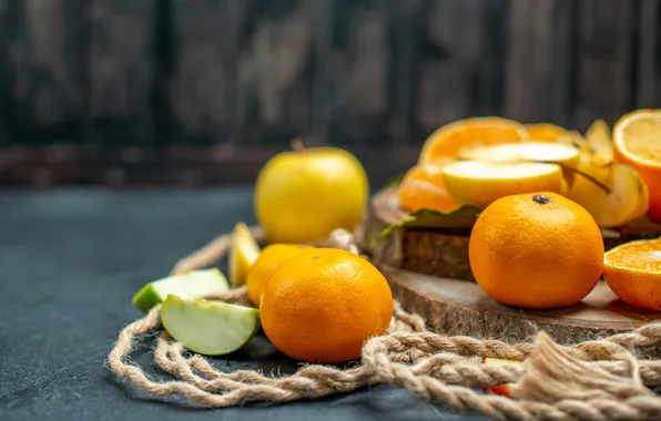 Яблоки, доски, веревка, фрукты, дольки, боке, композиция, мандарины