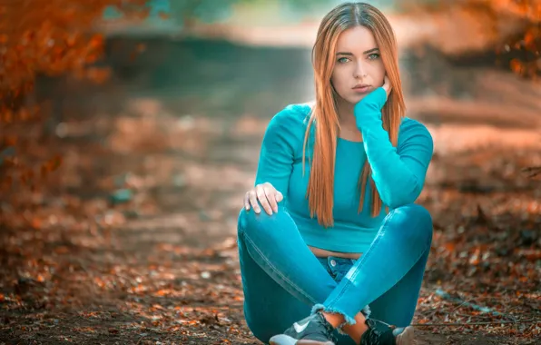 Взгляд, деревья, поза, парк, модель, портрет, джинсы, макияж