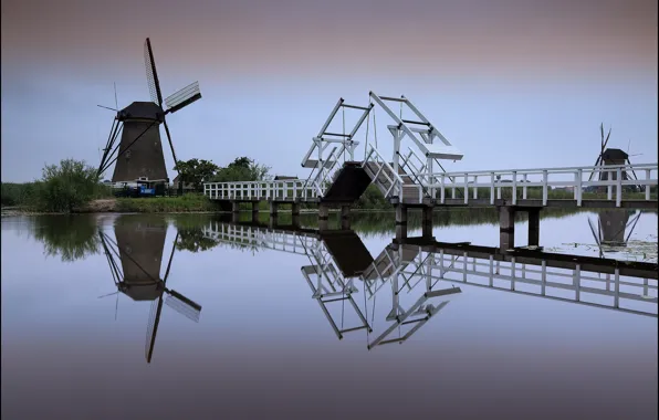 Мост, мельница, канал, Нидерланды, Голландия, Kinderdijk