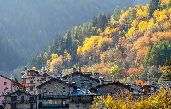Осень, дома, Италия, Валле-д'Аоста, Курмайор