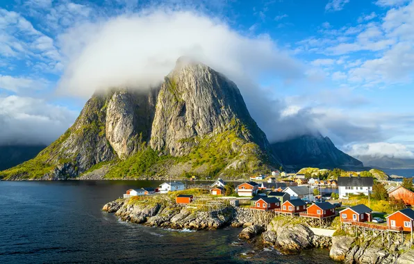 Картинка house, sky, landscape, nature, water, mountains, clouds, rocks