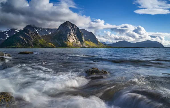 Море, небо, облака, горы, природа, скалы, Норвегия, Лофотены