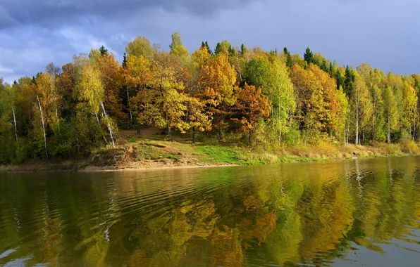 Картинка небо, деревья, река, берег, Осень