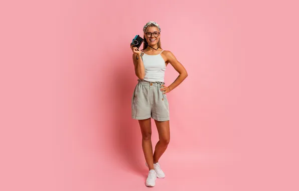 Girl, shorts, camera, model, glasses, cute, sneakers, tank top