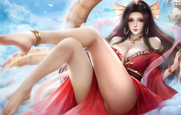 Небо, девушка, лепестки, черепа, One Piece, удав, Salome, Hancock Boa