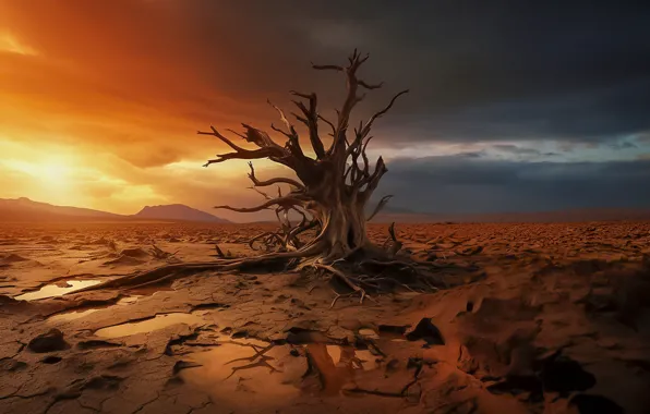 Картинка ИИ-арт, растрескавшаяся земля, пустыня, сухое, дерево, трещины, коряга, пейзаж