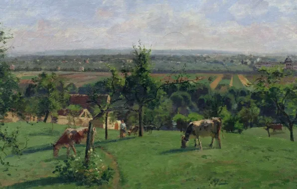 Пейзаж, картина, коровы, Камиль Писсарро, Холмы Ле-Везине