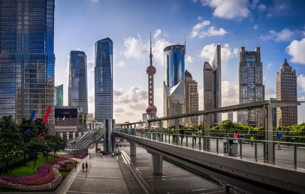 Люди, улица, сад, Китай, Шанхай, Oriental Pearl Tower, Bank of Shanghai Headquarters, автобусная остановка