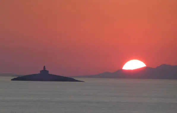 Twilight, sea, sunset, seascape, island, hills, dusk, lighthouse