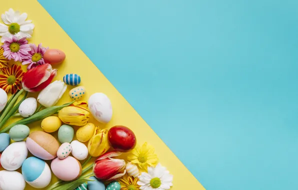 Картинка фон, праздник, яйца, Пасха, тюльпаны