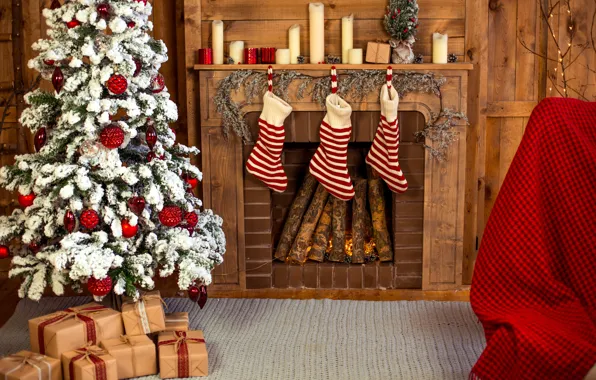 Украшения, игрушки, елка, Новый Год, Рождество, подарки, камин, Christmas