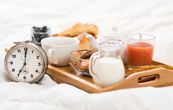Картинка стакан, чай, часы, завтрак, молоко, сок, кувшин, поднос