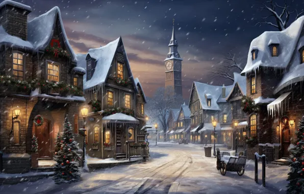 Зима, снег, украшения, ночь, город, lights, шары, улица