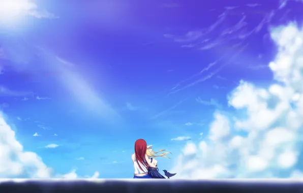Картинка небо, облака, девочки, арт, объятия, air, сидя, kamio misuzu