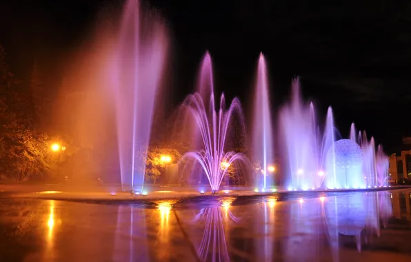 Картинка вода, цвет, фонари, фонтан