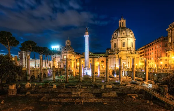 Картинка ночь, город, фото, Италия, развалины, Rome, Trajans Forum