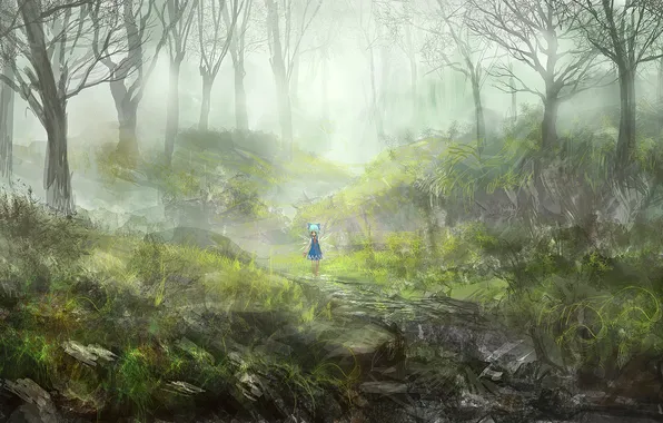 Картинка лес, деревья, рисунок, крылья, платье, девочка