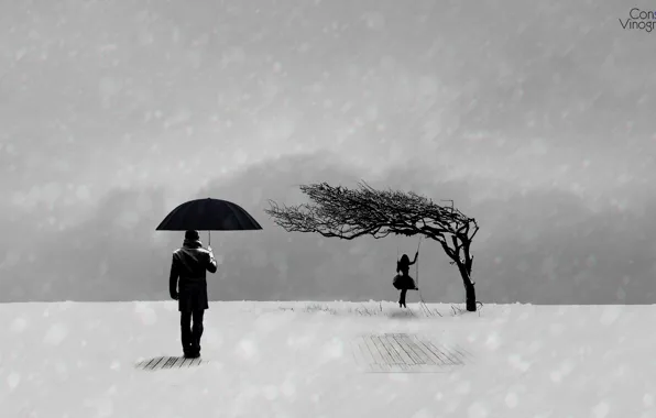Картинка зима, грусть, девушка, настроение, минимализм, черно-белое, парень