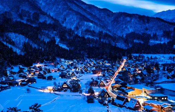 Картинка зима, снег, горы, ночь, огни, дома, Япония, долина