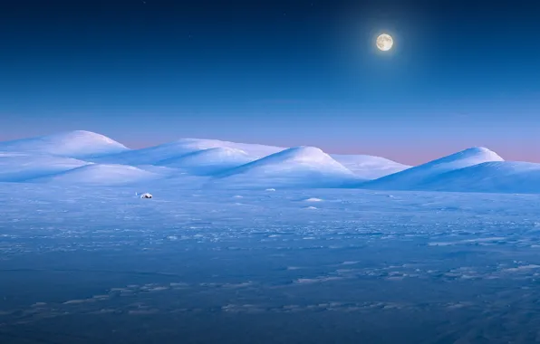 Картинка зима, снег, закат, холмы, луна, Норвегия, Ютунхеймен, Валдресфлюэ