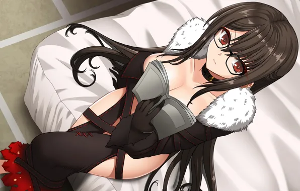 Girl, sexy, cleavage, long hair, dress, brown hair, boobs, anime