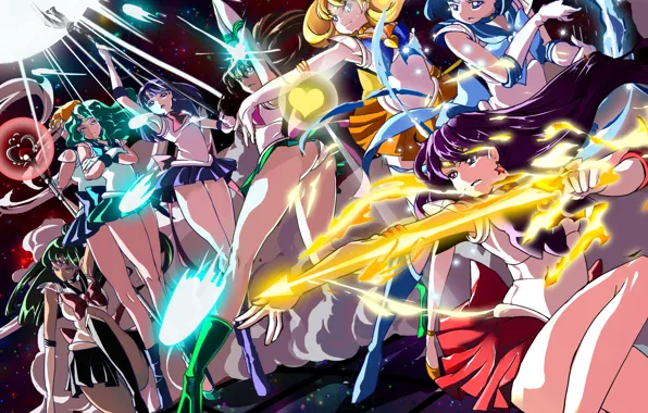 Девушки, аниме, арт, стрелы, сердечко, bishoujo senshi sailor moon, sailor mars, sailor jupiter