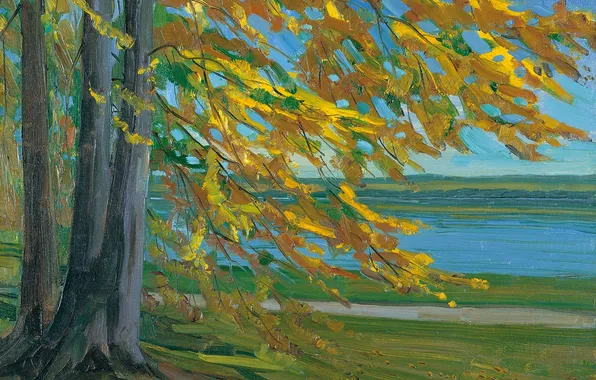 Картинка осень, пейзаж, дерево, картина, Озеро Старнбергер, Вильгельм Трюбнер