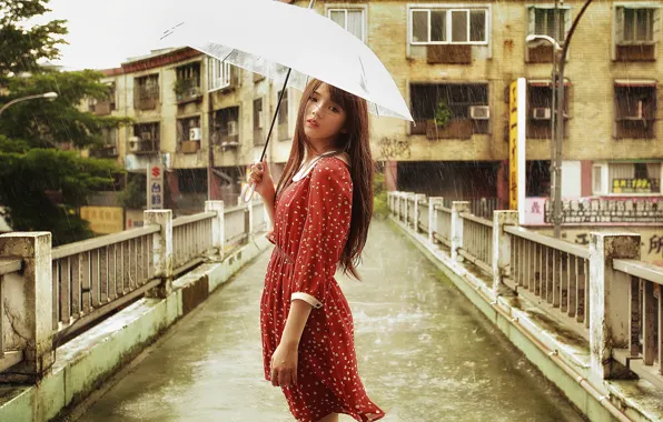 Картинка взгляд, девушка, мост, лицо, зонтик, дождь, платье, азиатка