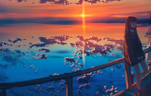 Картинка небо, вода, девушка, солнце, облака, рисунок, Nakomo