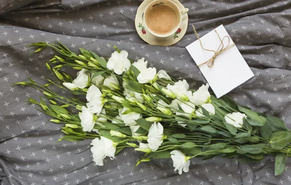 Цветы, букет, white, flowers, beautiful, romantic, coffee cup, эустома