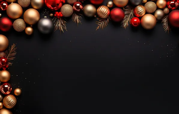 Картинка украшения, темный фон, шары, Новый Год, Рождество, golden, new year, happy