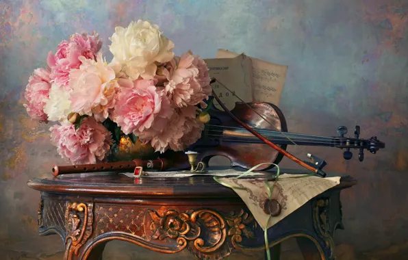 Картинка письмо, цветы, стиль, ноты, скрипка, натюрморт, смычок, пионы