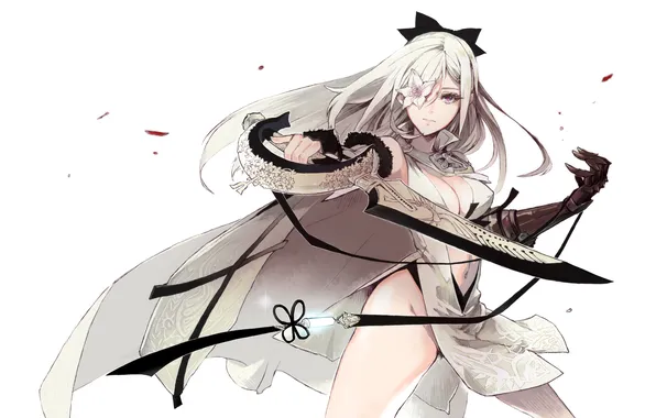 Цветок, девушка, оружие, арт, белый фон, zero, drag-on dragoon, shizumi satou