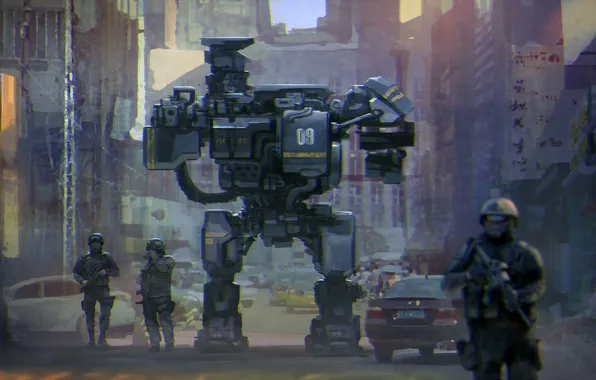 Картинка город, будущее, улица, робот, арт, патруль, Weihao Wei